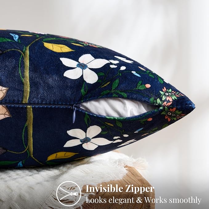 MUSSEL Navy Blue Velvet Floral Decorative 20x20 Pillow Covers Set of 2 | Durable Sturdy,Botanical Printed Pattern,Throw Pillows Case,Square,Colorful Mid Century Cushion Covers,Sofa Couch Decor