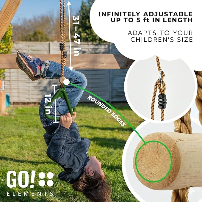 Trapeze Swing Bar for Kids Indoor & Outdoor | Adjustable Trapeze Bar with Rings for Swing Set | Hanging Gymnastics Bar for Monkey Bars, Ninja Course & Play Set