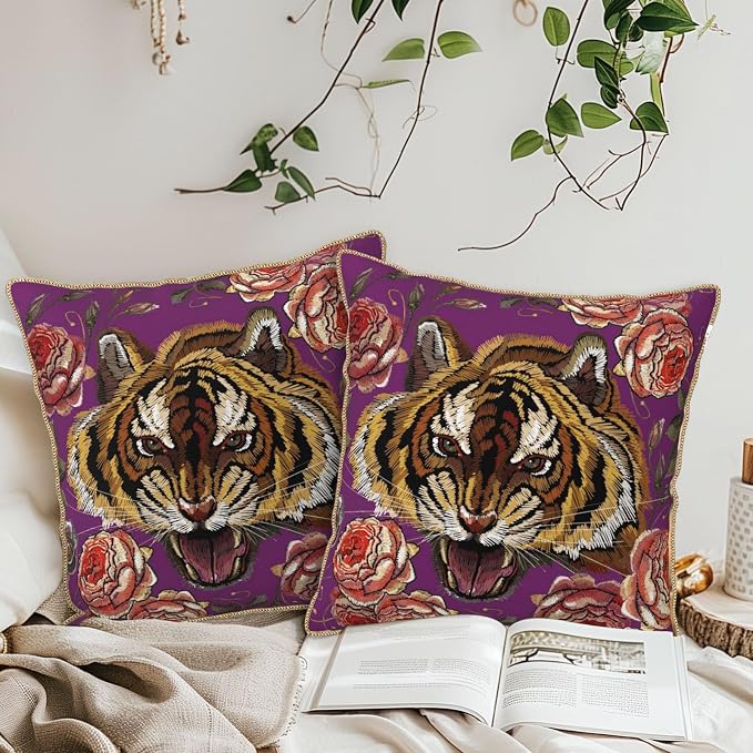 Tiger Flower Purple Velvet Pillow Covers 16x16 Inch Pink Floral Animal Throw Pillows for Couch Cushion Covers Pillowcase Farmhouse Modern Pillow Cases for Sofa Bed Living Room Bedroom