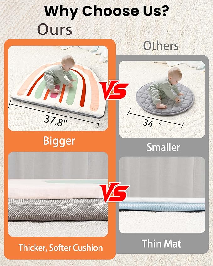 Baby Play Gym & Washable Activity Mat, Non Slip Bottom Tummy Time Mat with 5 Detachable Sensory Toys for Motor Skills, Newborn Infant Baby Essentials Shower Gift(Rainbow)