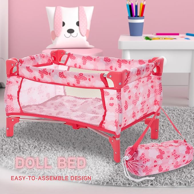 Dolls To Play Baby Doll Stroller Bed and Seat Nursery Playset, Accessories Furniture Set High Chair Diaper Bag Role Play Deluxe Set