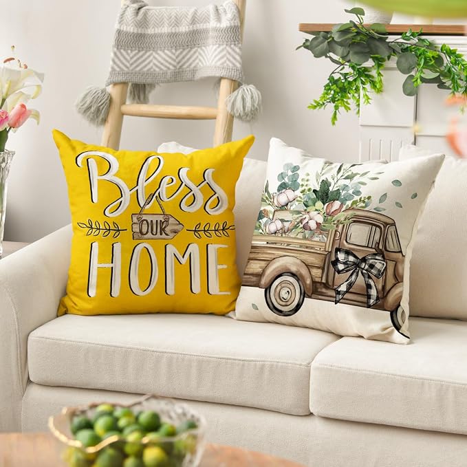 AVOIN colorlife Bless Our Home Farmhouse Eucalyptus Leaves Throw Pillow Covers, 20 x 20 Inch Yellow Truck Home Sweet Cushion Case Decorations Set of 4