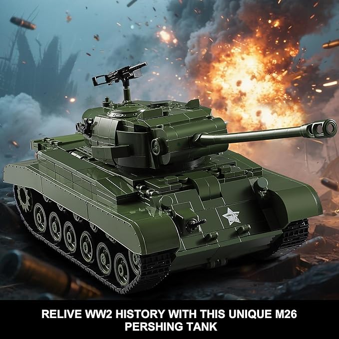 WW2 M26 Pershing Army Tank Building Sets for Adults(1703 Pieces), Compatible with Lego, Collectible US Military Tank Model kit to Build and Display, Ideal Gift for Military Fans
