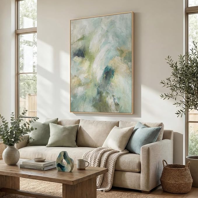 Extra Large Framed Teal Abstract Wall Art, Oversized Vertical Sage Green Canvas Prints Paintings Artwork for Walls, Modern Minimalist Pictures Wall Decor for Living Room Bedroom Hallway 40x60 In