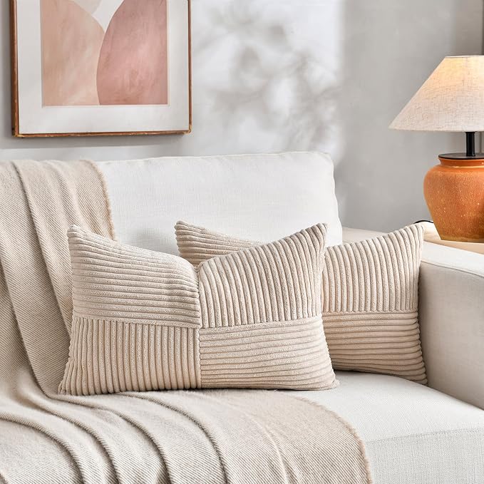 Fancy Homi 2 Packs Tan Long Lumbar Decorative Throw Pillow Covers 16x24 Inch for Couch Bed Sofa, Rustic Farmhouse Boho Home Decor, Soft Striped Corduroy Rectangle Accent Beige Cushion Case 40x60 cm