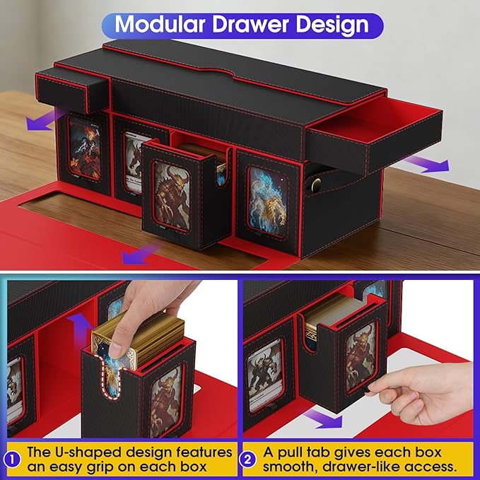 Cortile Commander Deck Box for MTG, 10 IN 1 Card Deck Box with 8-Deck Modular Card Case and 2 Dice Trays Holds 1040+ Double-sleeved Cards, Removable MTG Deck Box with Handle for TCG/EDH, Black Red