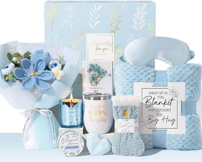 Birthday Gifts for Women, Spa Self Care Package Get Well Soon Gift Baskets | Sympathy Gift Set w/ Crochet Flower Bouquet, Christmas Thinking of You Gifts Basket for Women Mom Her Best Friend Sister Wife