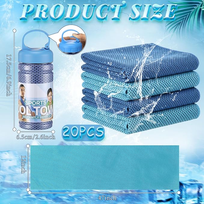 Honoson 20 Pcs Cooling Towels for Neck and Face, 47"x12" Sports Breathable Ice Towels Microfiber Chilly Sweat Rags with Portable Bottle for Gym Golf Athletes Yoga Workout Hot Weather (Light Dark Blue)