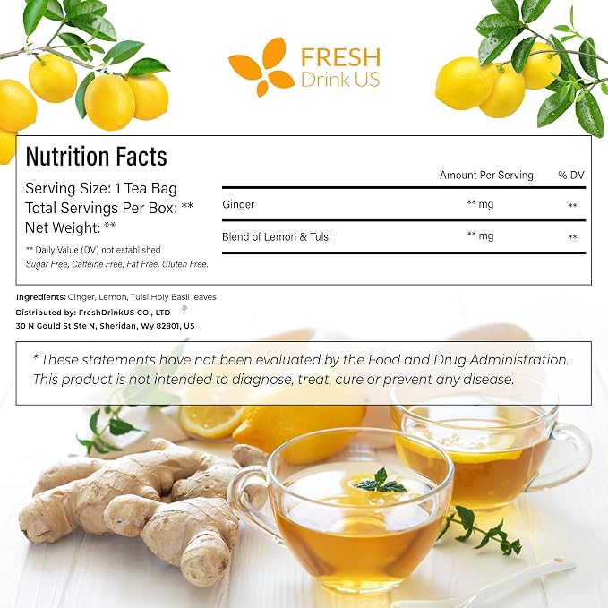 FreshDrinkUS, Premium 135 Tulsi Lemon Ginger Tea Bags, 100% Natural & Pure from Tulsi Holy Basil Leaves, Lemon and Ginger. Made with Natural Material Tea Bags. No Sugar, No Caffeine, Vegan.