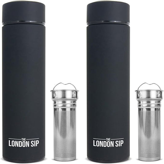 the London Sip Multi-Purpose Travel Mug and Tumbler Fruit Infused Flask Hot and Cold Double Wall Stainless Steel Thermos with Extra-Long Infuser, Zen Black, Pack of 2