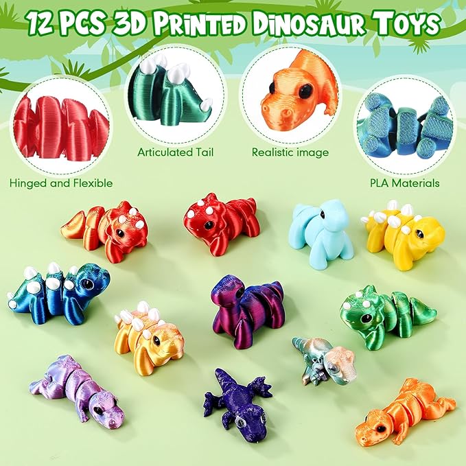 Honoson 12 Pcs 3D Printed Fidget Toy 3D Printed Dinosaur Small Animal Toy Flexible Cute Articulating Pet Stress Relief Fidget Toys for Play and Display(5cm)