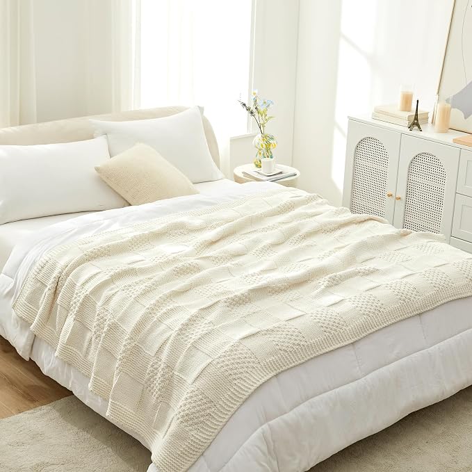 Knit Throw Blanket, Soft Chenille Cozy Breathable Checkered Chunky Decorative Blanket for Couch, Bed & Sofa, French-Inspired Lightweight Warm Gift for Women, Ivory, 60"x80"