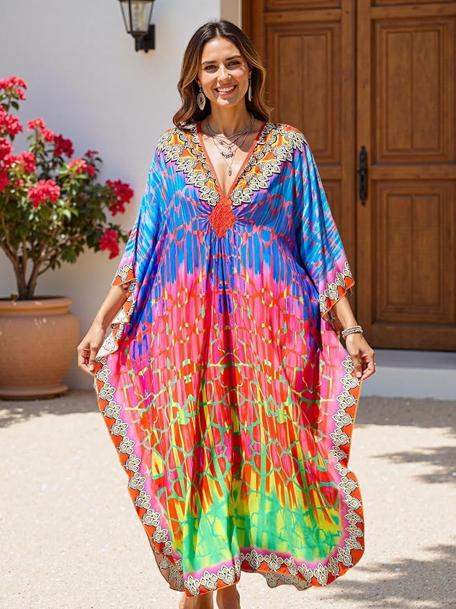 Mumu Dresses for Women Plus Size, Bohemian Kaftan Beach Cover Up Long Maxi Nightgown Soft Loungewear