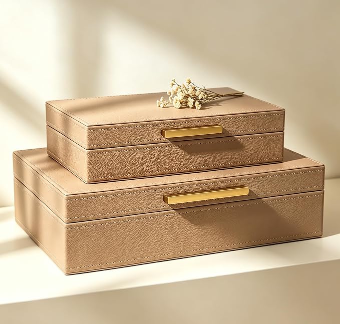 Decorative Storage Boxes with Lids, PU Faux Leather, 2 Pack, Brown | Bookshelf Home Decor Box with Gold Metal Handle, Store Photos, Documents and Memory Box Keepsakes