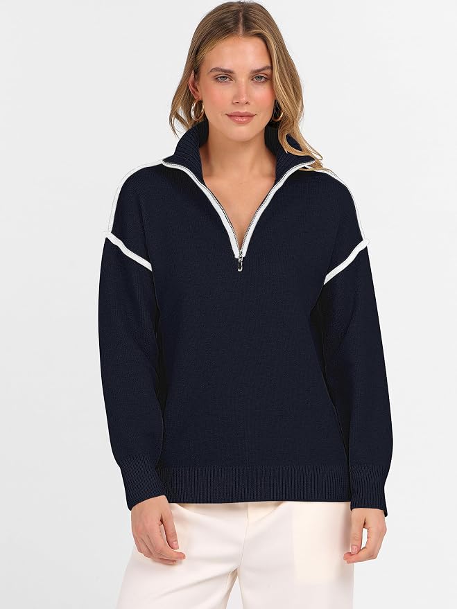 ANRABESS Womens Quarter Zip Sweaters Fall Long Sleeve V Neck Shirts Collared Business Casual Tops Knit Pullover Sweatshirts