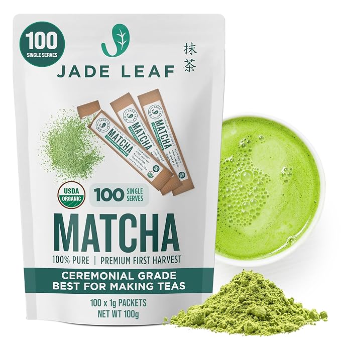 Jade Leaf Matcha Organic Ceremonial Grade Matcha Powder - On The Go Packets For Lattes, Smoothies, Usucha, 100 Count (0.04 Ounce Packets)