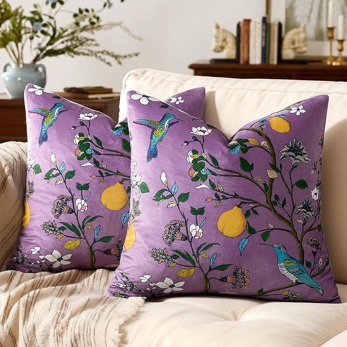MUSSEL Plum Purple Velvet Floral Decorative 16x16 Pillow Covers Set of 2 | Soft Durable and Sturdy,Bird Plant,Throw Pillows Case,Square,Colorful Modern Cushion Covers,Home Sofa Bed Couch Decor