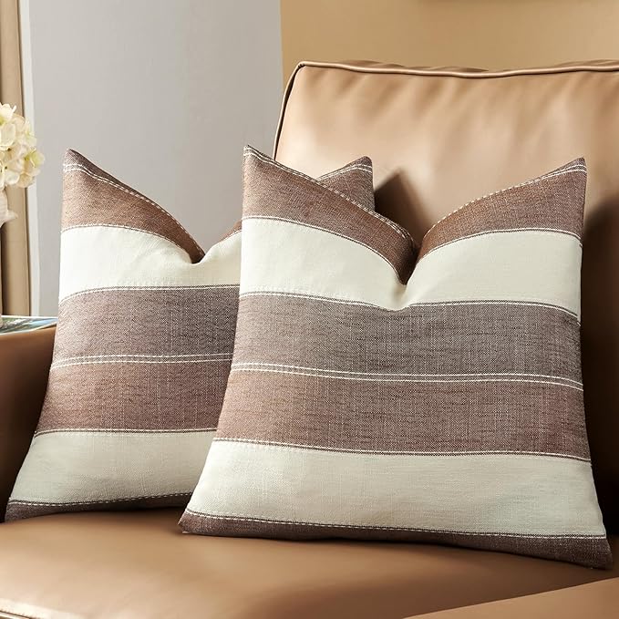 Pack of 2 Farmhouse Stripe Check Throw Pillow Covers Set Case Cotton Linen Decorative Pillowcases Cushion Cover for Couch Bench Sofa 20x20Inch Brown