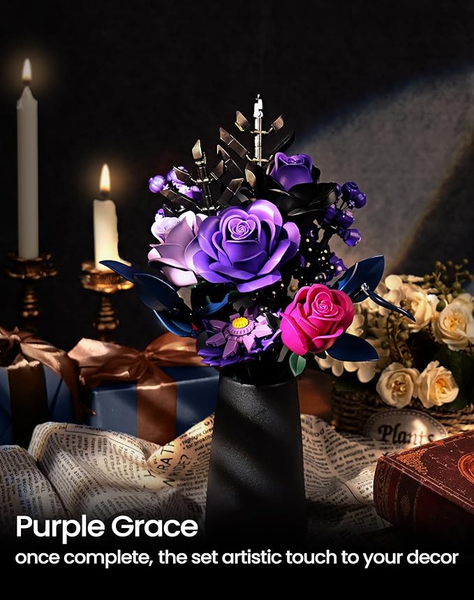 iATOM Purple Rose Bouquet Building Set, Compatible with Lego Flowers for Adults - Halloween Botanical Collection - Gothic Artificial Flowers Home Decor - IA11004