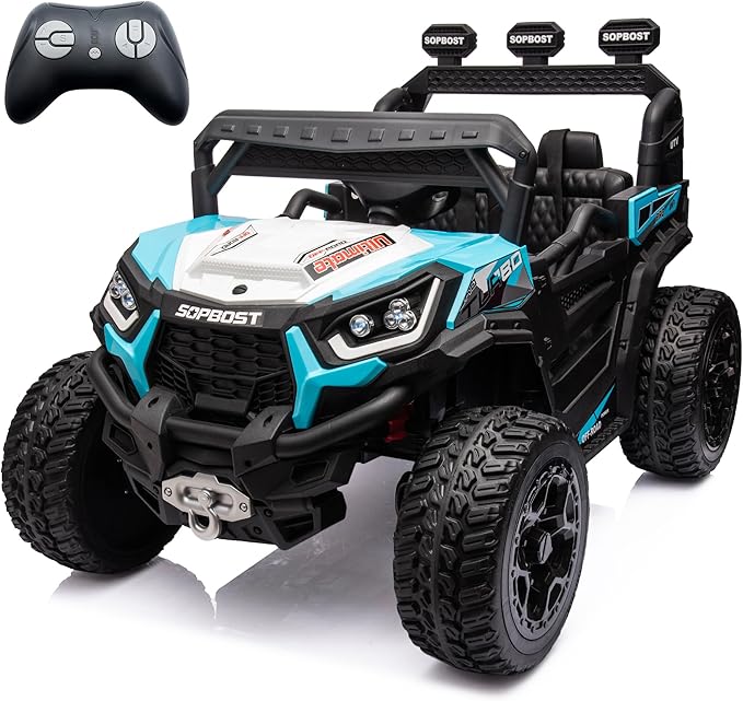 sopbost 24V 7Ah Kids UTV Ride On Car with Remote Control 4WD Battery Powered Ride On Toys Off-Road Electric Car for Boys Girls, Music Play, Blue & White