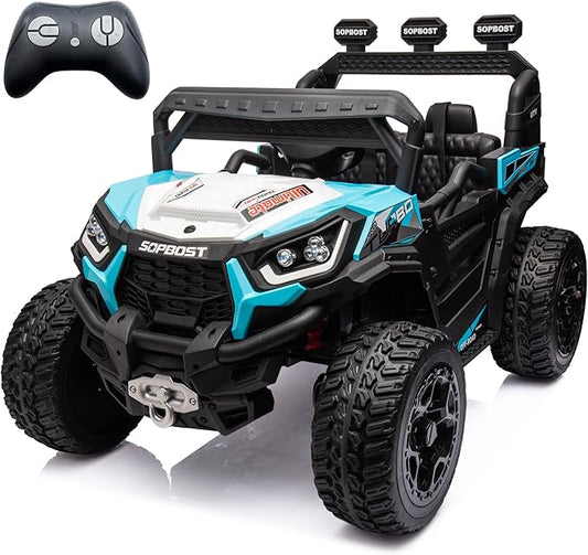 sopbost 24V 7Ah Kids UTV Ride On Car with Remote Control 4WD Battery Powered Ride On Toys Off-Road Electric Car for Boys Girls, Music Play, Blue & White