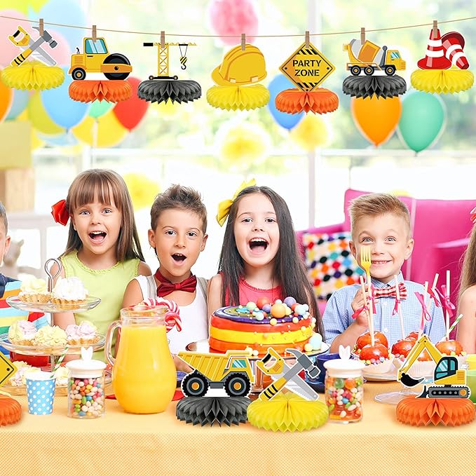 Threan 9 Pieces Construction Party Centerpieces Honeycomb Car Truck Zone Centerpieces 3D Table decorations for Baby Shower Birthday Party favors Supplies