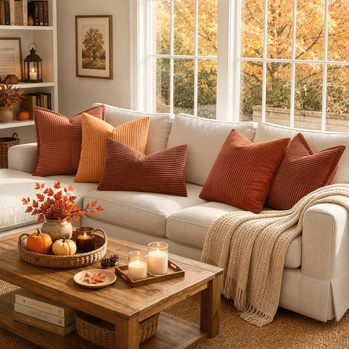 MIULEE Fall Soft Corduroy Throw Pillow Covers Set of 2 20x20 Dark Rust | Decorative Striped Textured Cushion Cases, Boho Rustic Square Pillowcases, Home Decor for Couch Chair Sofa Bed Living Room