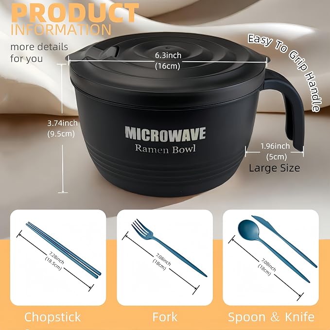Layron 2 Sets Microwave Ramen Cooker Bowl 45 oz Instant Noodle Bowl with Handles Ramen Noodle Cooker with Spoon Chopsticks Fork Knife College Dorm Room Essentials(Black, Black)