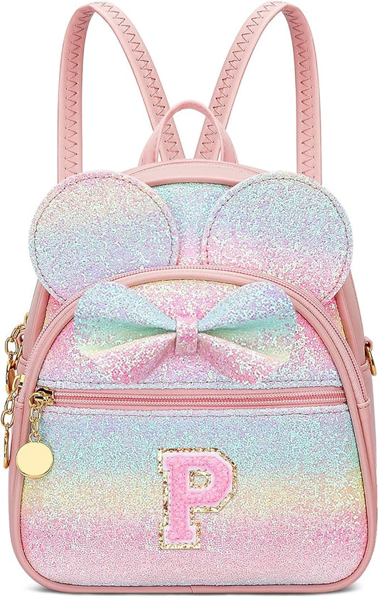 KKXIU Initial Bowknot Mini Backpacks for Girls Women, Small Cute Backpack Purse, Personalized Valentines Day Gifts for Toddler, Kids and Teen Girls(P, Rainbow)