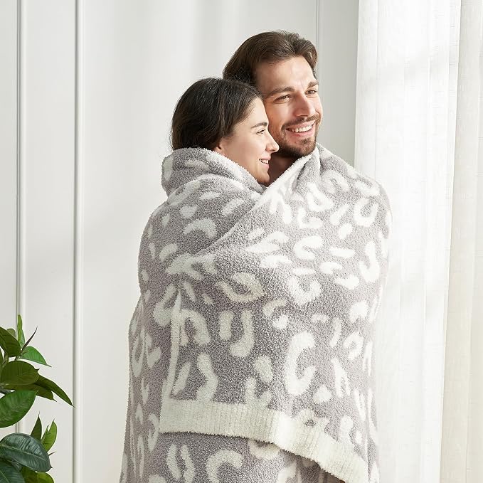 Snuggle Sac Leopard Queen Size Grey Microfiber Fluffy Warm Cozy Fuzzy Soft Blanket Reversible Cheetah Blankets for Bed, Couch, Sofa, 90x90 inches