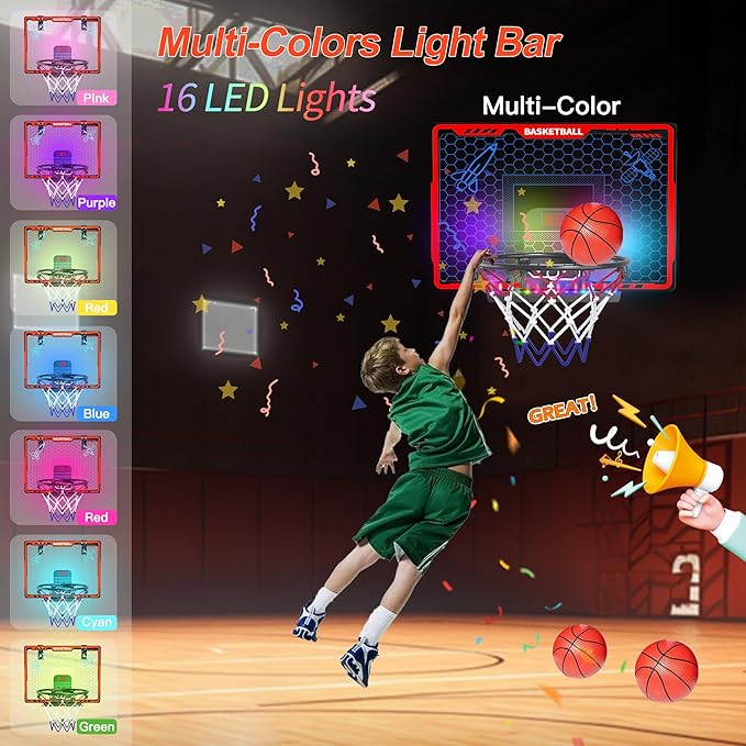 Awsoo Basketball Hoop Indoor for Kids，Mini Basketball Hoop with Colorful Light Bar，Scoreboard& 4 Basketballs, Basketball Toys Gifts for 3 4 5 6 7 8 9 10 11 12 Year Old Boys Girls (Red)