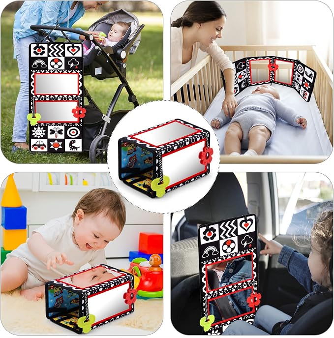 Tummy Time Floor Mirror with Teethers, Double-Sided Baby Mirror Black and White High Contrast Baby Toys for Babies, Baby Montessori Toys Crawling Developmental Newborn Infant Sensory Toys