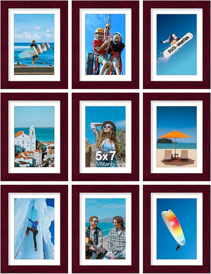 Vittanly 5x7 Picture Frames Set of 9 for Wall Mount & Tabletop, Cherry Red | Display Pictures 4x6 with Mat or 5x7 without Mat, Small Photo Frames, Engineered Wood with Shatter Resistant Plexiglass