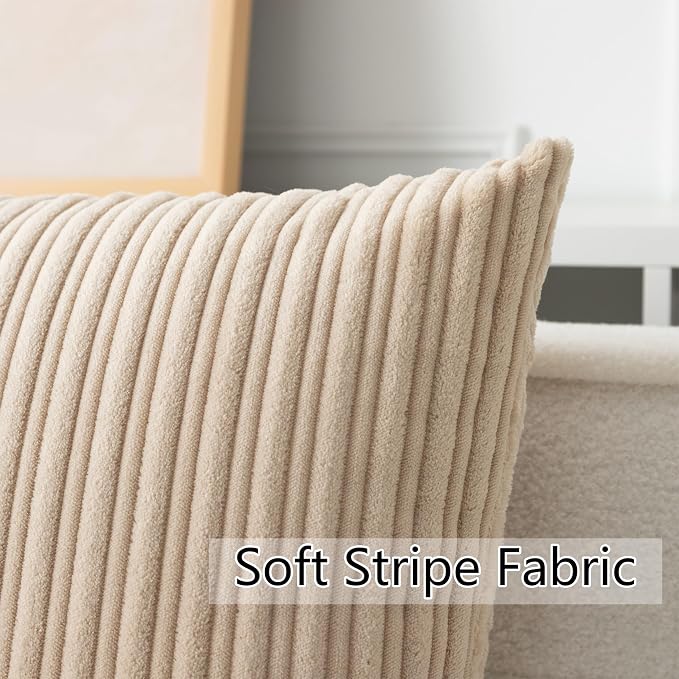 UGASA Velvet 20x20 Inch Soft Throw Pillow Covers Decorative Corduroy Striped Both Sides Solid Square Cushion Cases Boho Farmhouse for Couch Bedroom Sofa Home, Pack of 2, Beige