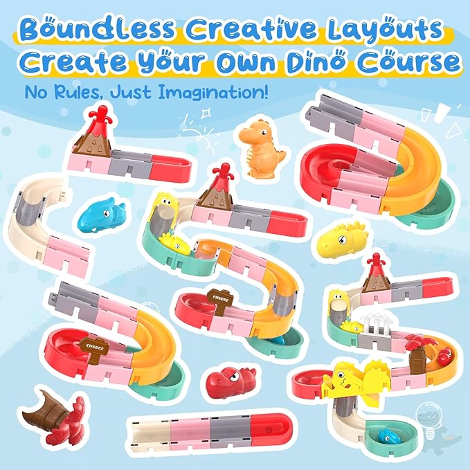 Dinosaur Bath Toys with Track & Fishing Rod – 47PCS Wall Suction Slide Playset for Toddlers, DIY Water Race Track with 6 Dino Toys, Bathtub Fun Gift for Kids Boys Girls Age 3+