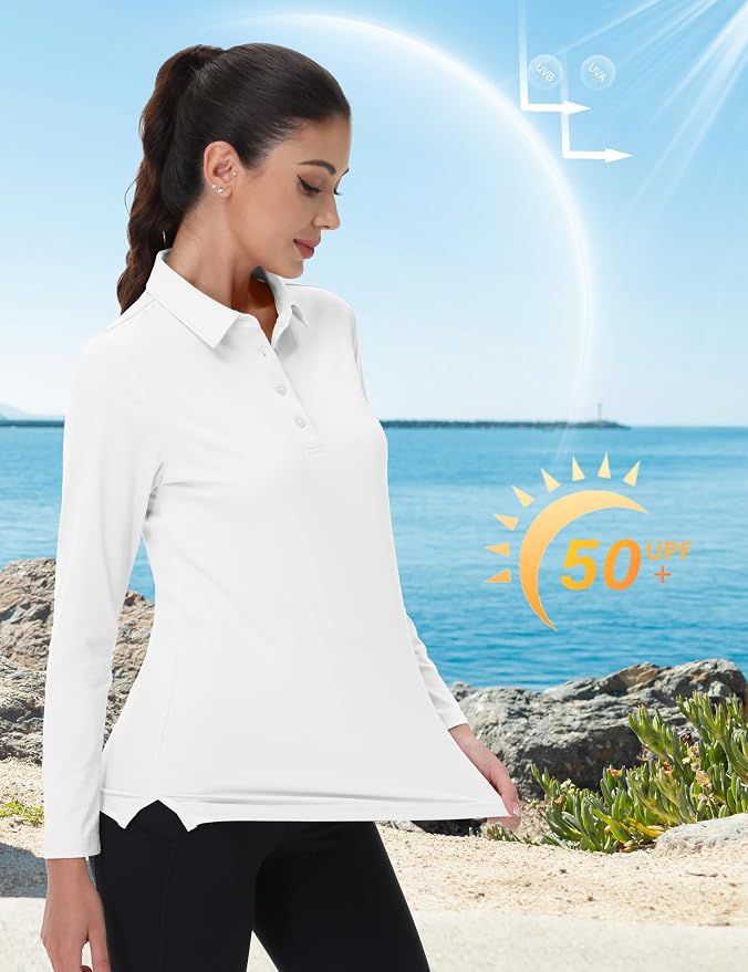 MAGCOMSEN Long Sleeve Polo Shirts for Women Golf Tops with Collar Work | UPF 50+ Sun Protection, 4 Buttons, Moisture Wicking, Breathable, 4-Way Stretch, Collared, Quick Dry, Active, Casual, Tennis