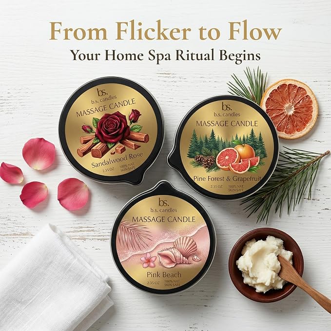 3 Pack Low Temperature Massage Candle Set, Soy Wax Melts into Nourishing Skin Oil with Jojoba & Shea Butter, for Home Spa & Relaxation, 2.35 oz - 3 Scents (Sandalwood Rose Sets)