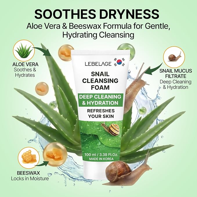 LEBELAGE Korean Snail Facial Cleanser 3.38 oz | Cleansing Foam Face Wash | Low pH Gentle Hydrating Daily Facial Cleanser Sensitive Skin | Deep Cleansing Foaming Cleanser, Pore Care-All Skin Types