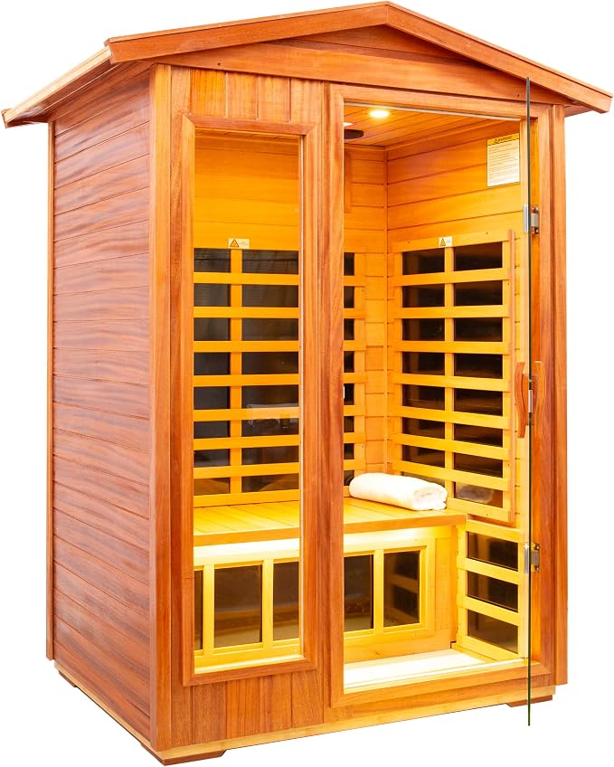 LTCCDSS Ultra-Low EMF Outdoor Sauna 2 Person, Mahogany Far Infrared Sauna for Home, Withstand Outdoor Temp -10℉-149℉| EMF Readings Below 0.5mG, 9 Low EMF Boards-Chromotherapy-Bluetooth Speaker