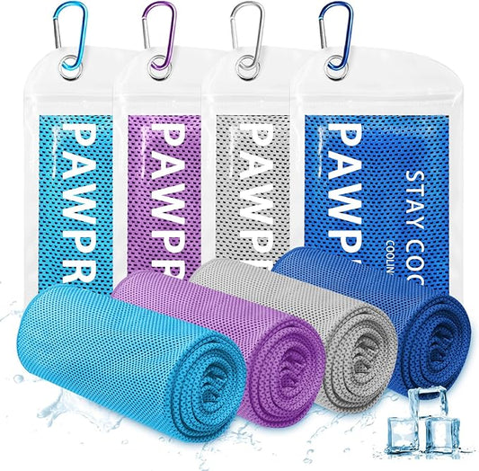 PAWPRO 4 Packs Cooling Towels for Neck and Face(40"x12"), Soft Breathable Cooling Towel with Waterproof Bag & Carabiner,Microfiber Cooling Towels for Yoga, Sport,Gym,Camping (Multicolor)
