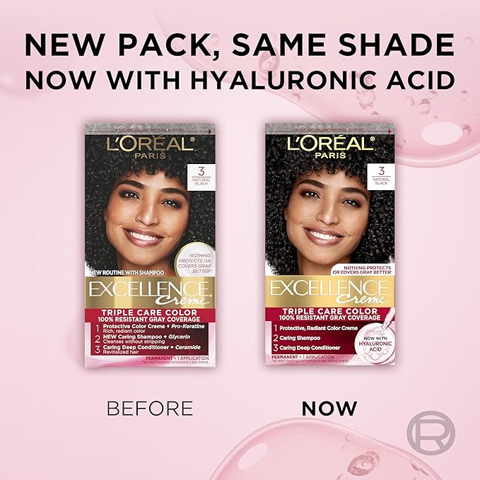 L'Oreal Paris Excellence Crème Permanent Hair Dye, Triple Care Hair Color with Hyaluronic Acid for 100% Gray Coverage, 3 Natural Black, 1 Kit (Pack of 2) (Packaging May Vary)