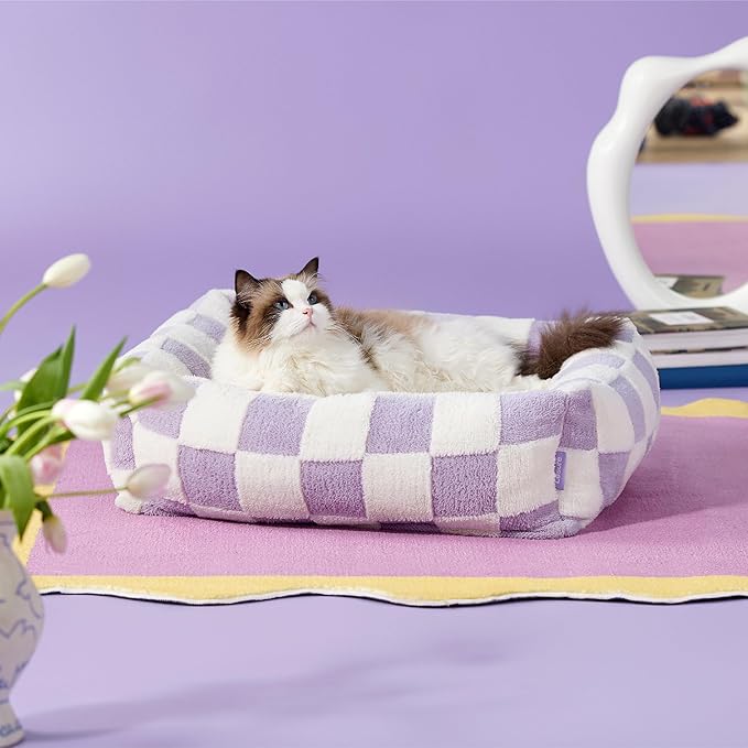 Lesure Cute Dog Bed for Small Dogs & Cats- Washable Puppy Beds,Cozy Rectangle Orthopedic Pet Sofa with Jacquard Shaggy Plush & Anti Slip Bottom,20x19x6inches
