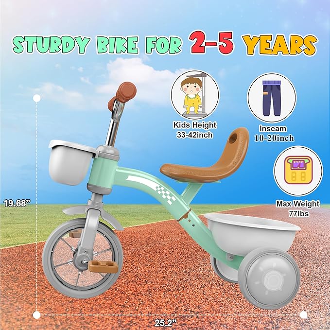Toddler Tricycle for 1-3 3-5 Year Olds, 2 3 4 5 Year Old Boy Girl Birthday Gifts, Toddler Baby Bike, Outdoor Riding Toy for Ages 2-4, 4-Level Adjustable Seat, 3 Color Light Wheels, 2 Baskets