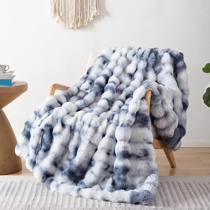Faux Fur Throw for Couch - Tie-dye Blue Bubble Blanket 60"x80" | Fluffy Plush Fuzzy Throw for Sofa & Bed, Super Soft Cozy Comfrt Blanket, Luxury Aesthetic Blue Decor Gift for Women