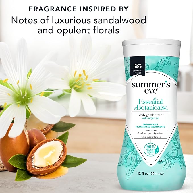 Summer's Eve Essential Botanicals All-Over Daily Feminine Wash with Argan Oil, Gentle pH-Balanced Body Wash for Women, Removes Vaginal Odor and Refreshes, 12 Fl Oz (Pack of 2)