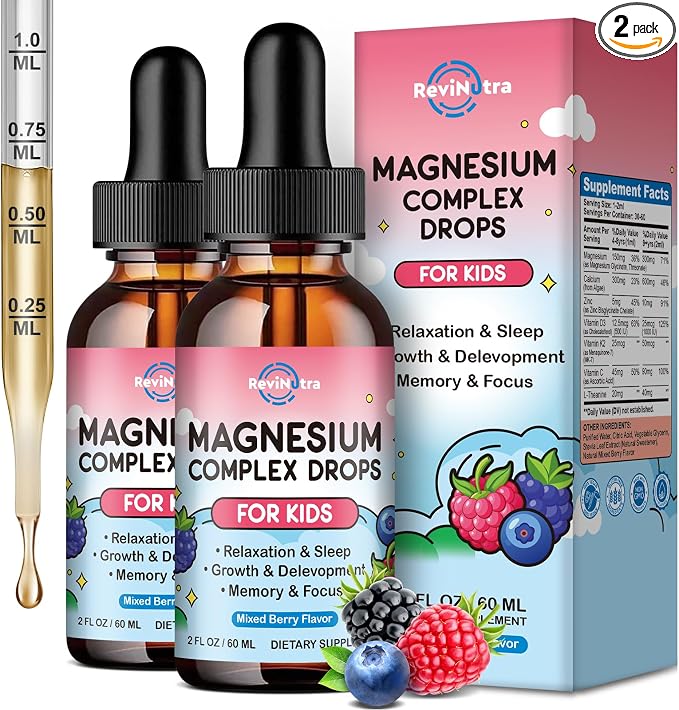 (2 Pack) Magnesium Glycinate Liquid for Kids, Kids Magnesium Liquid Drops Supplement with L-Theanine, Calcium, Zinc, Vitamin D3 K2 for Sleep Calm Relaxation Brain Bones, Mixed Berry Flavor 4 Fl Oz