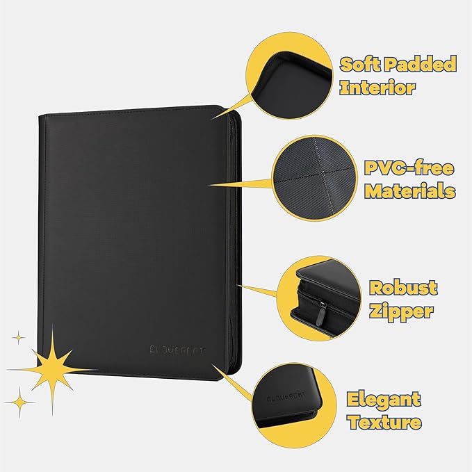 9-Pocket Toploader Binder, Clovecat Premium Card Book， Holds 252 Trading Card with 20 Removable Top-loader Sleeves，PU Card Holder Folders,Card Album for MTG, TCG, Yugioh, Game & Sports Cards(Black)