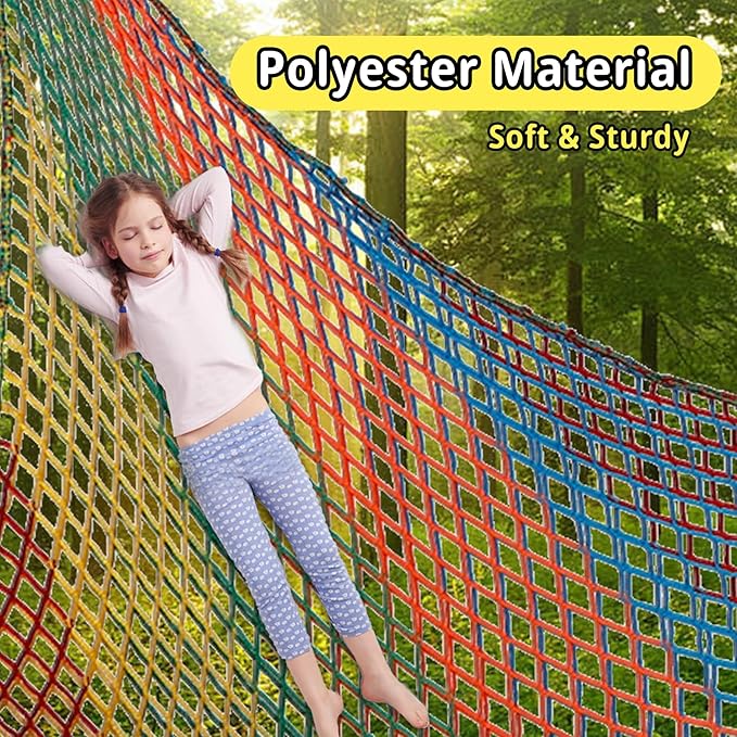 Climbing Net 14.7' x 9.8', Double Layers Playground Safety Net for Kids, Multicolored Climbing Cargo Net for Tree House, Obstacle Training, Back Yard