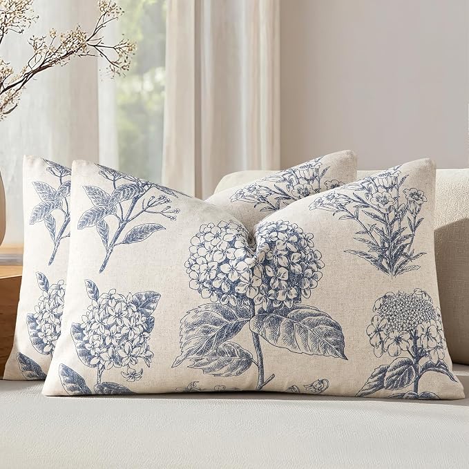 Set of 2 Lumbar Floral Pillow Covers 12x20 Inch Light Blue | Decorative Neutral Hydrangea Print, Boho Vintage Throw Pillows, Cottagecore Home Decor, for Sofa Couch Porch Bed Living Room