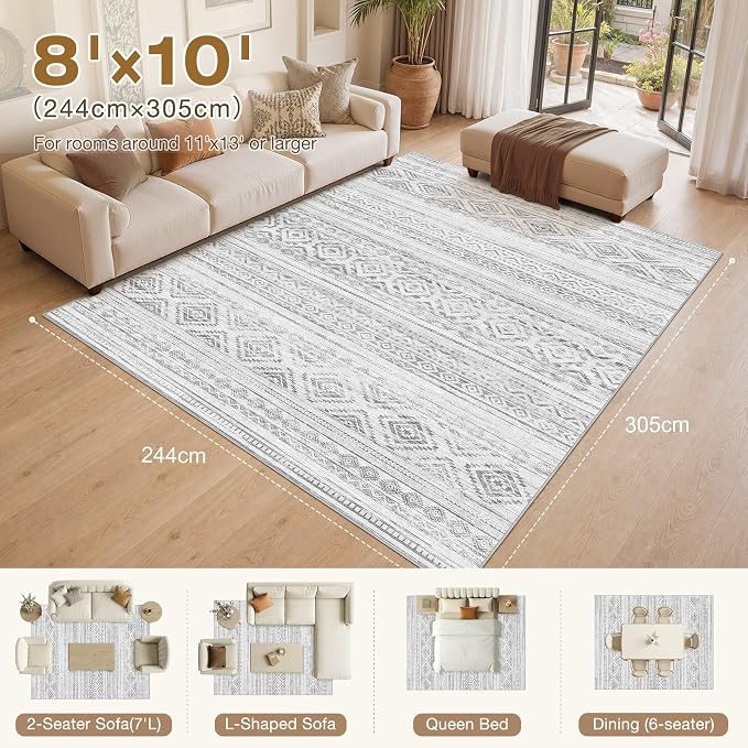cotiled 8x10 Area Rugs Living Room Rug: Washable Boho Rugs with Non Slip Backing Large Soft Indoor Stain Resistant Carpet for Bedroom Farmhouse Dining Room Lightweight Home Decor Light Grey